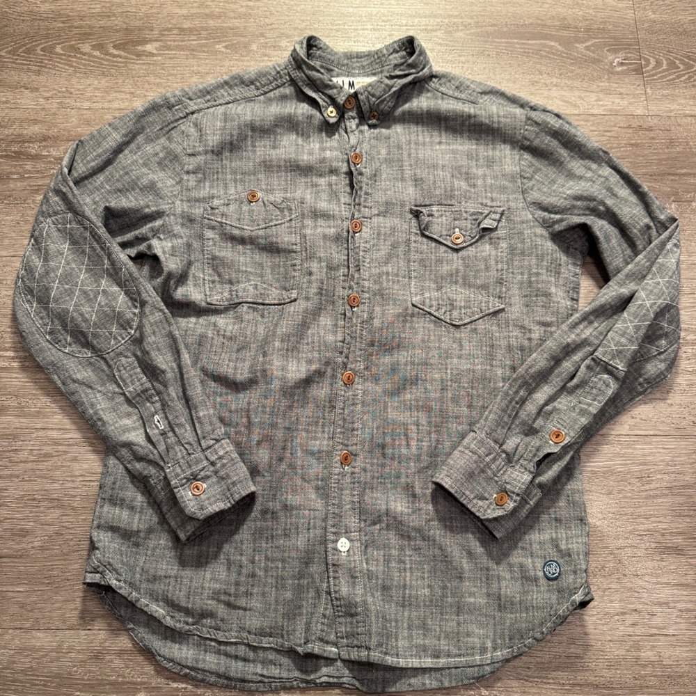 Almond Surfboards Shirt Mens S Gray Chambray Elbow Patch Heritage Surf Coastal
